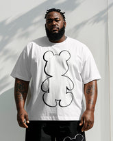 Men's Plus Size Black And White Simple Pen Line Bear Print Short Sleeve T-shirt Shorts Suit